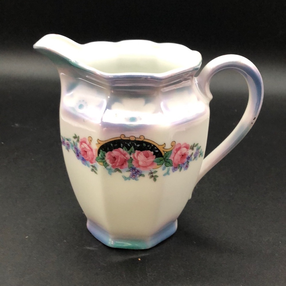 Vintage Blue Lusterware White with Pink  Floral Transfer Jug Made in Germany